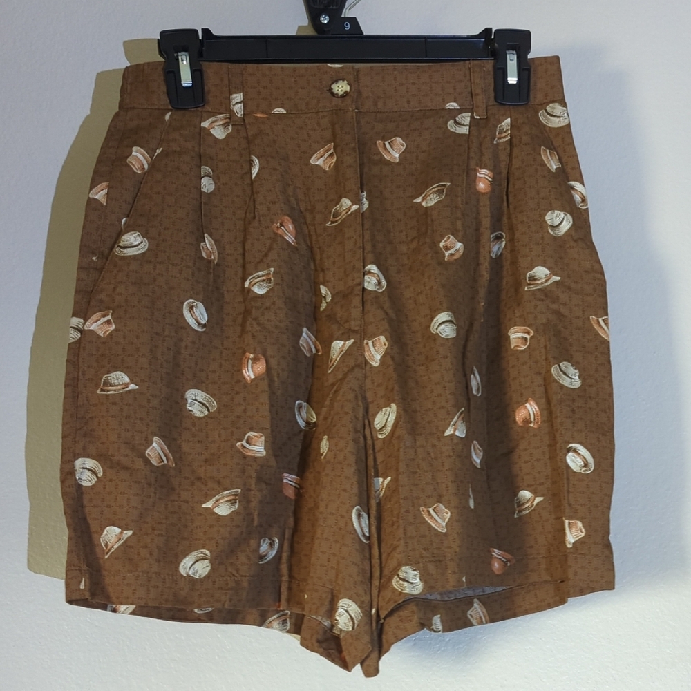 Brown Flat Front Shorts with Seashell Print